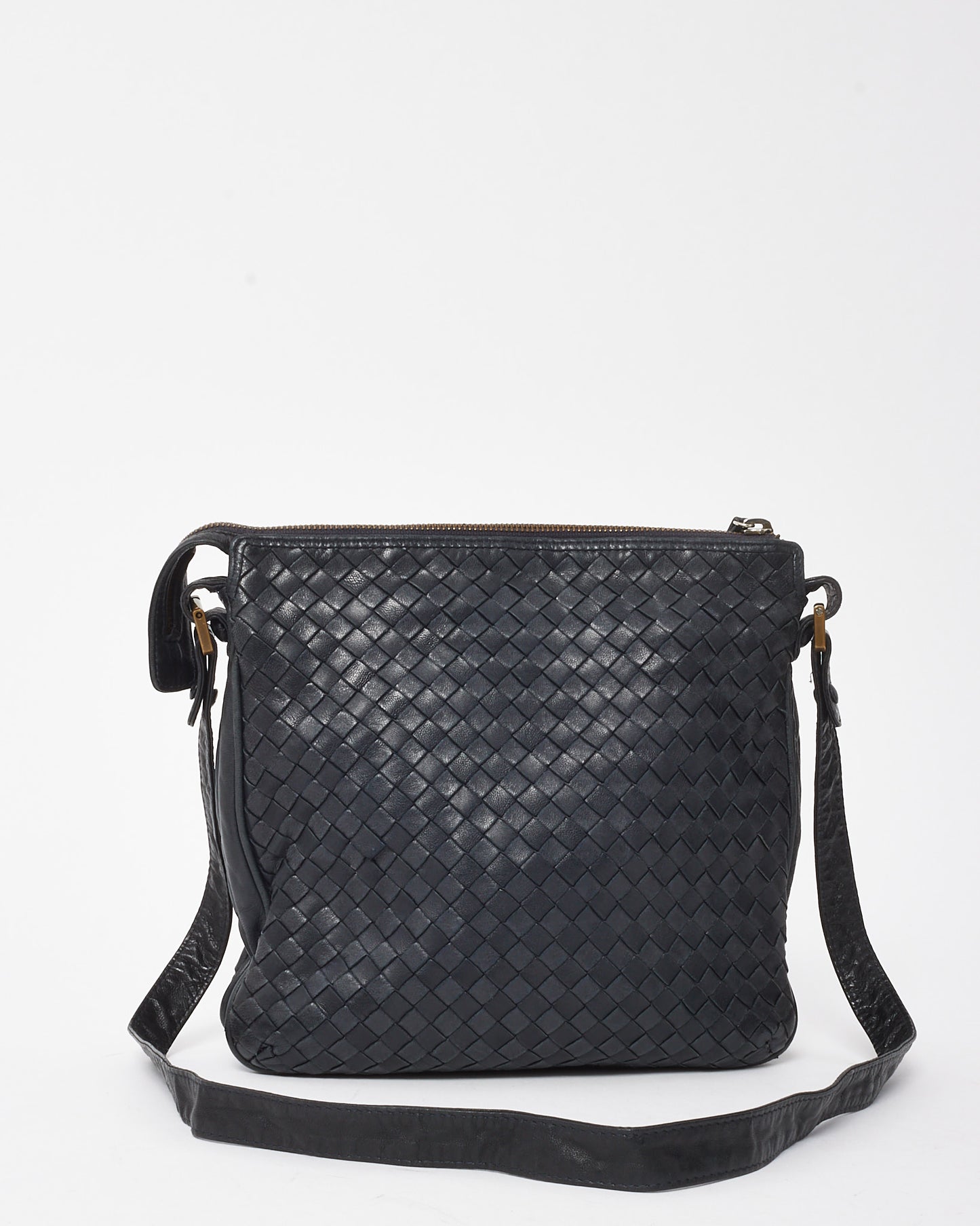 Bottega Veneta Vintage Navy Intrecciato Leather Square Zip Crossbody Bag