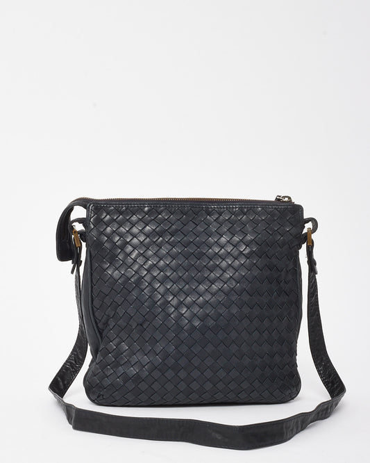 Bottega Veneta Vintage Navy Intrecciato Leather Square Zip Crossbody Bag
