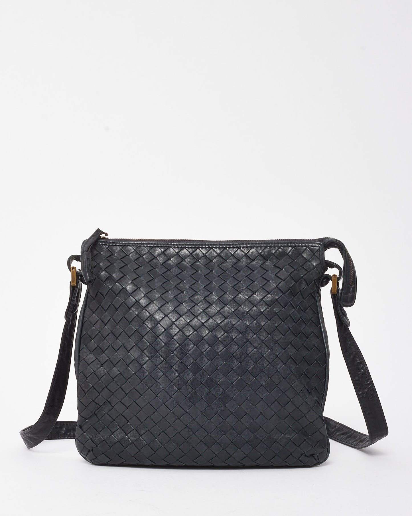 Bottega Veneta Vintage Navy Intrecciato Leather Square Zip Crossbody Bag