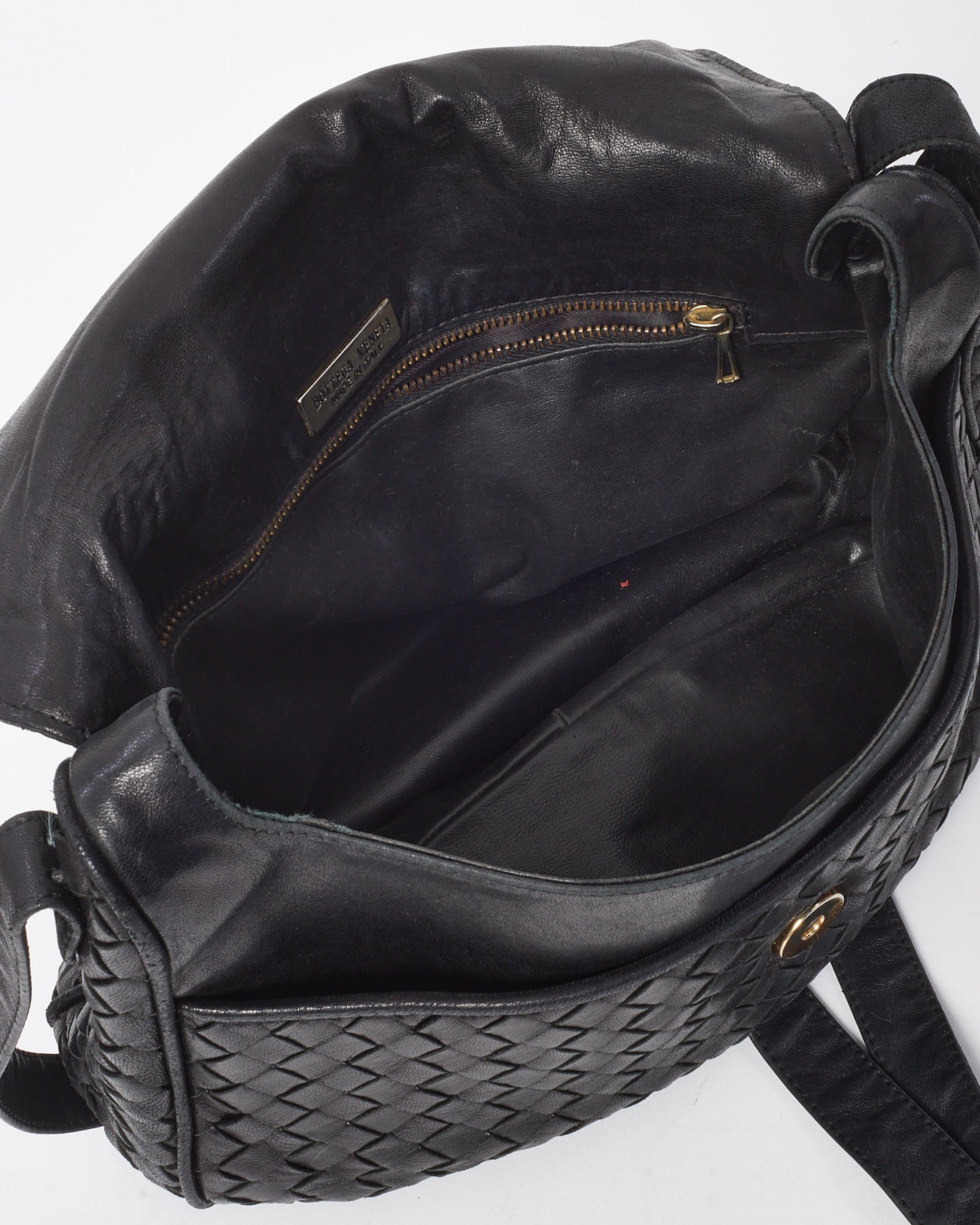 Bottega Veneta Vintage Black Nappa Intrecciato Rounded Flap Messenger Bag Black