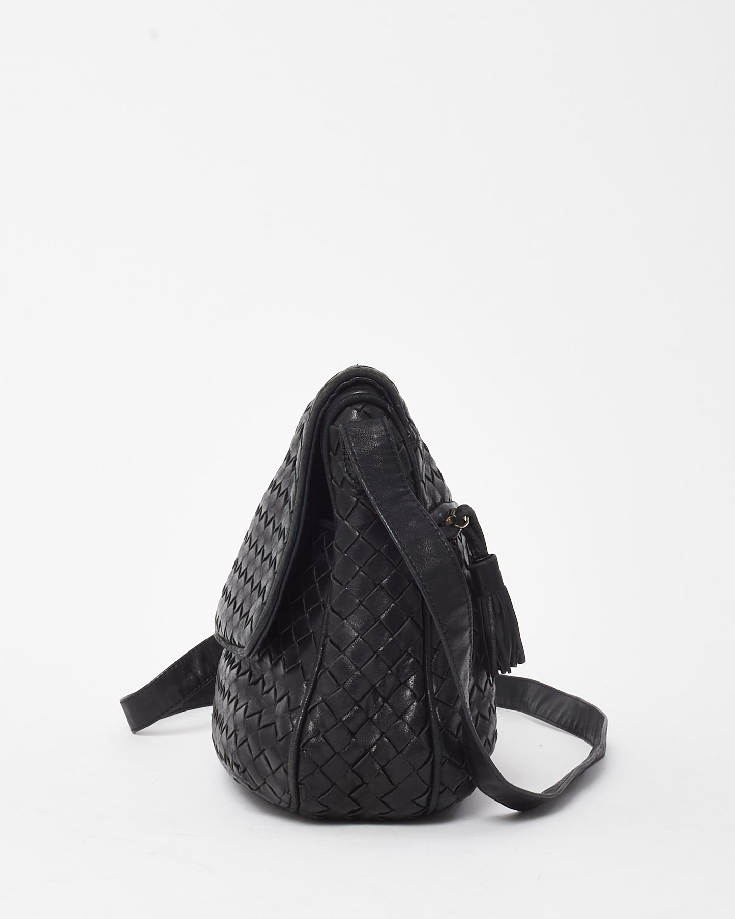 Bottega Veneta Vintage Black Nappa Intrecciato Rounded Flap Messenger Bag Black