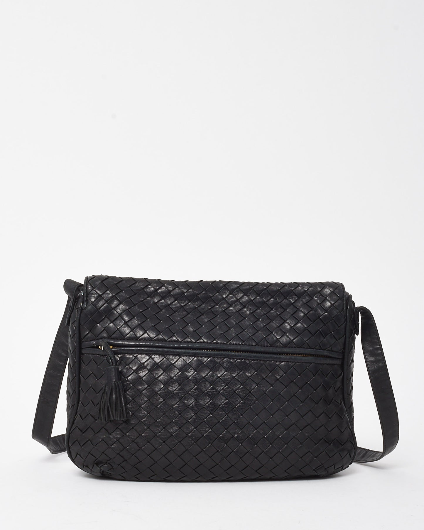 Bottega Veneta Vintage Black Nappa Intrecciato Rounded Flap Messenger Bag Black