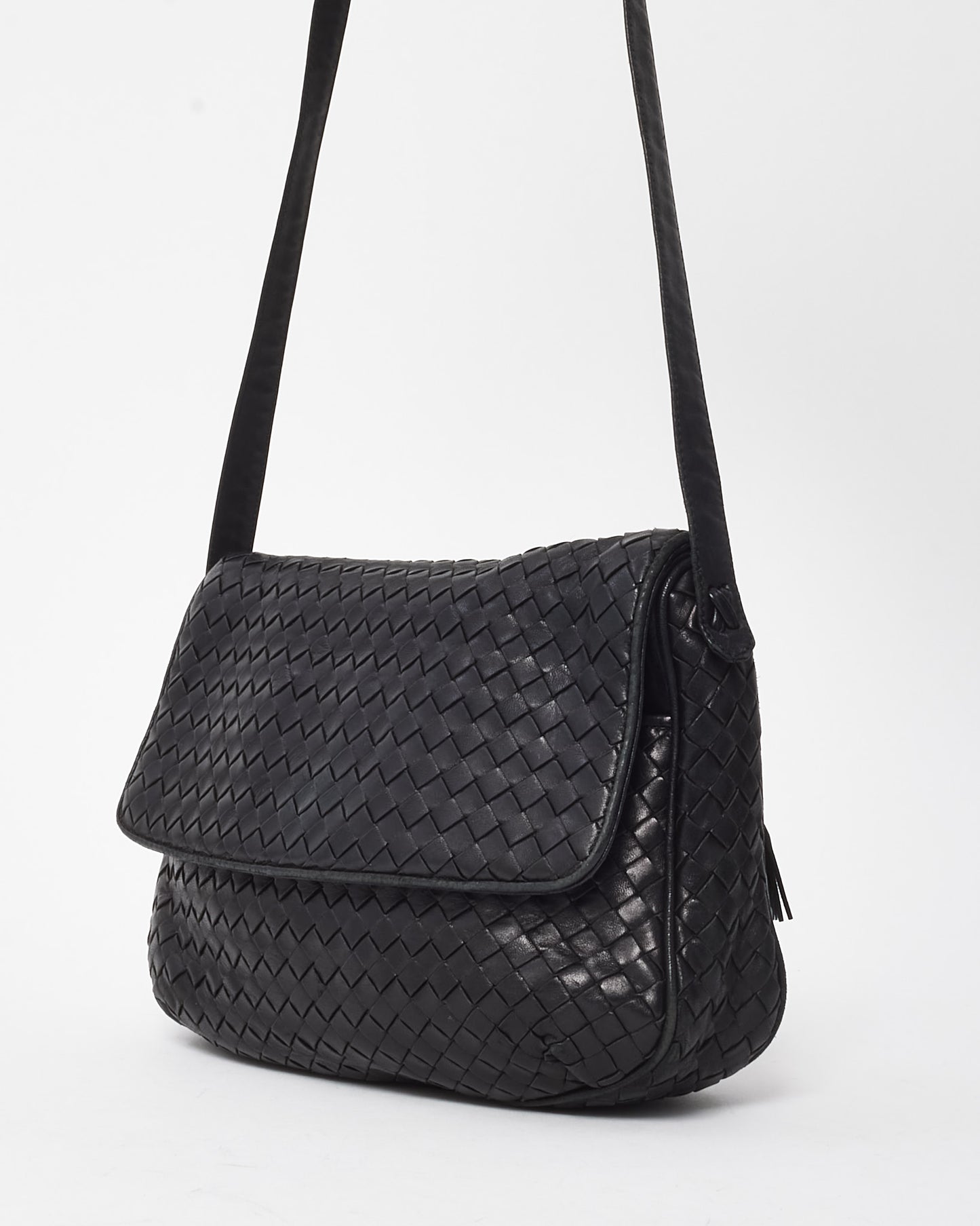 Bottega Veneta Vintage Black Nappa Intrecciato Rounded Flap Messenger Bag Black