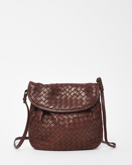 Bottega Veneta Vintage Brown Intrecciato Leather Small Flap Shoulder Bag