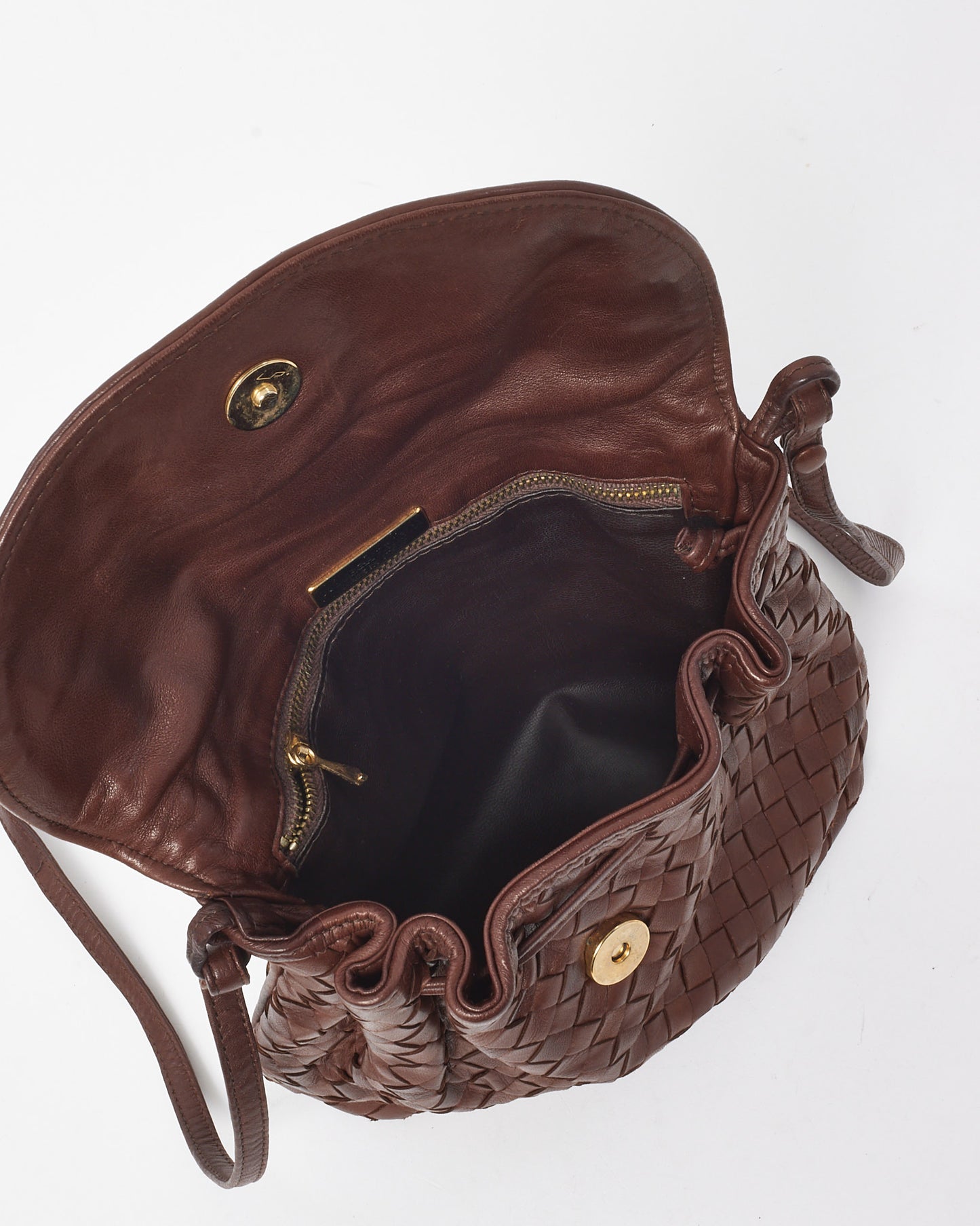 Bottega Veneta Vintage Brown Intrecciato Leather Small Flap Shoulder Bag