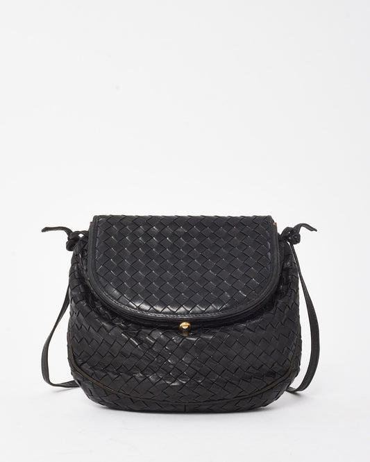Bottega Veneta Vintage Black Intrecciato Leather Coin Purse Style Flap Crossbody Bag