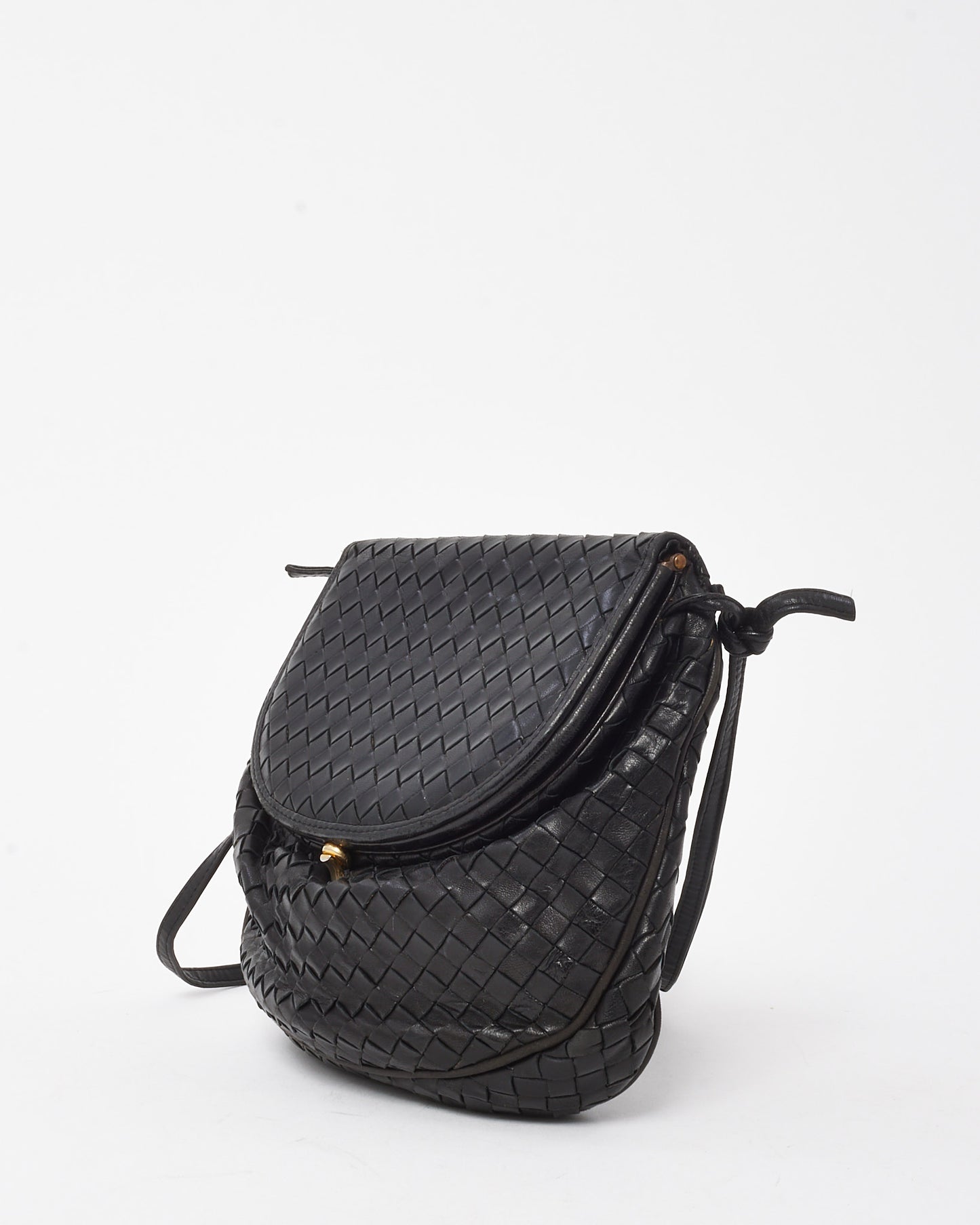 Bottega Veneta Vintage Black Intrecciato Leather Coin Purse Style Flap Crossbody Bag