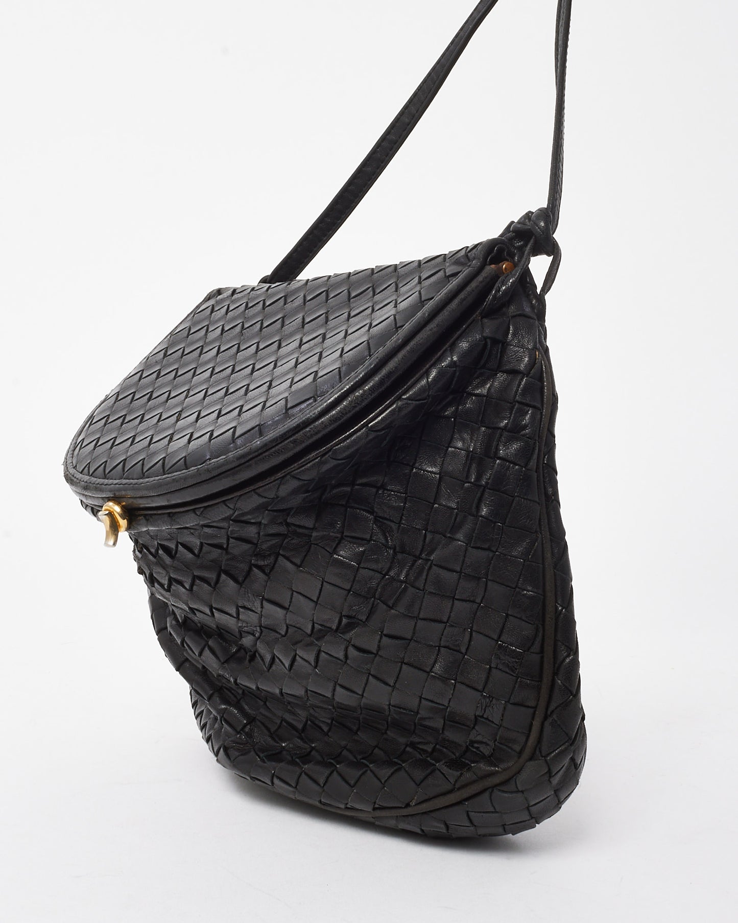 Bottega Veneta Vintage Black Intrecciato Leather Coin Purse Style Flap Crossbody Bag