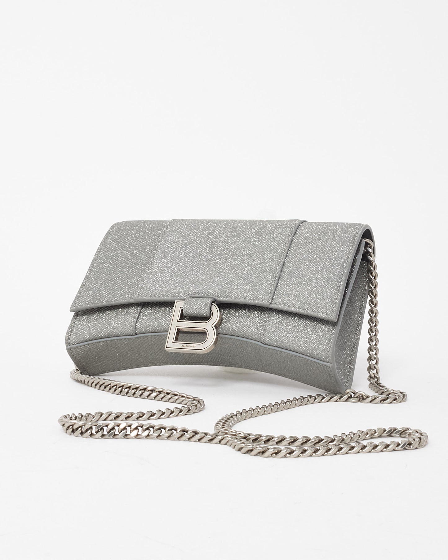 Balenciaga Silver Sparkling Fabric Hourglass Wallet on Chain Bag