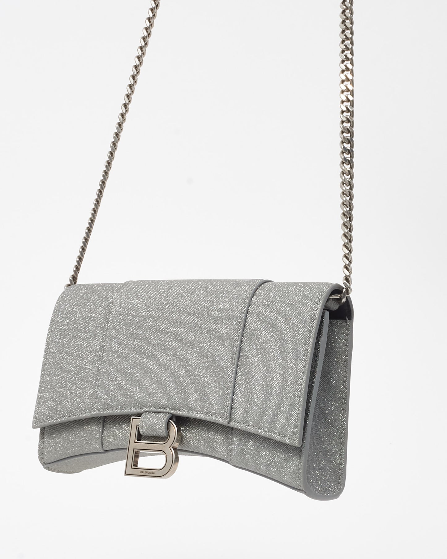 Balenciaga Silver Sparkling Fabric Hourglass Wallet on Chain Bag