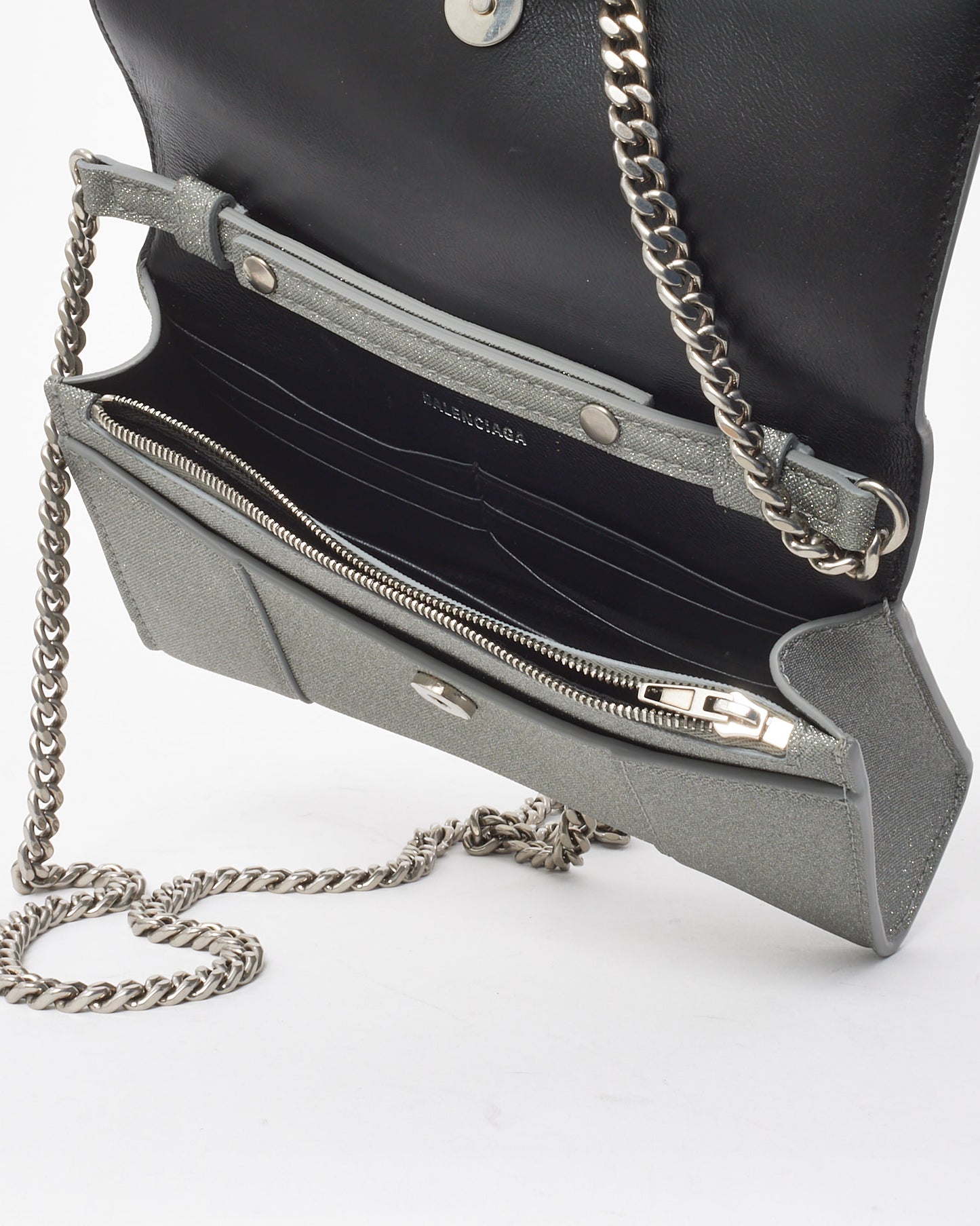 Balenciaga Silver Sparkling Fabric Hourglass Wallet on Chain Bag