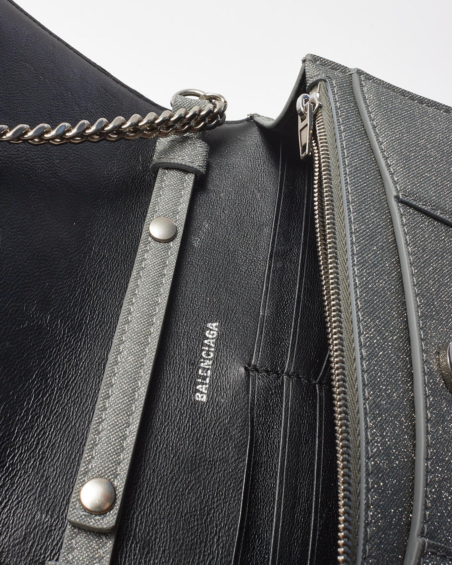 Balenciaga Silver Sparkling Fabric Hourglass Wallet on Chain Bag