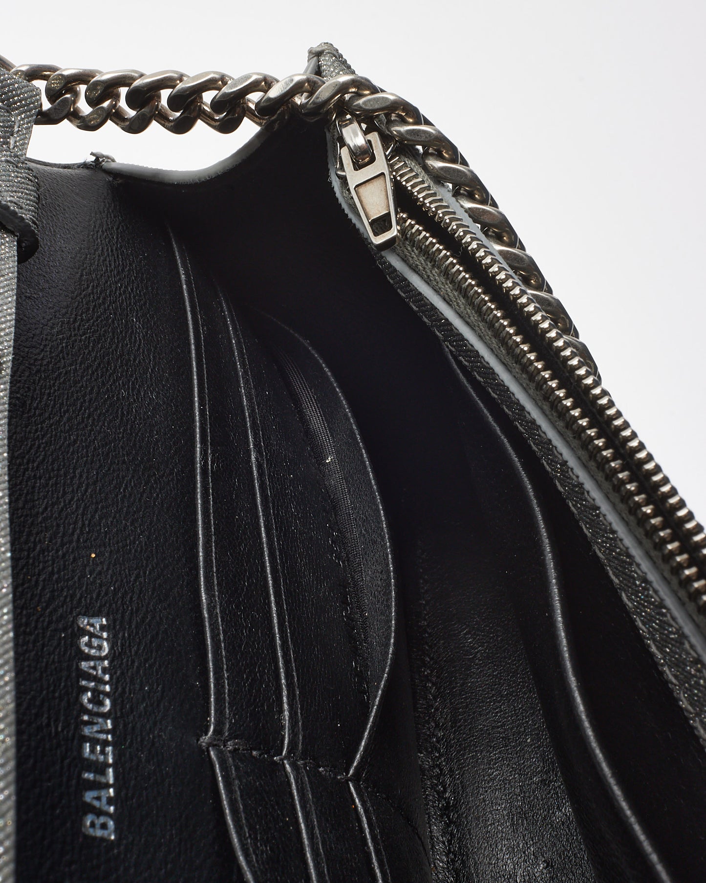 Balenciaga Silver Sparkling Fabric Hourglass Wallet on Chain Bag