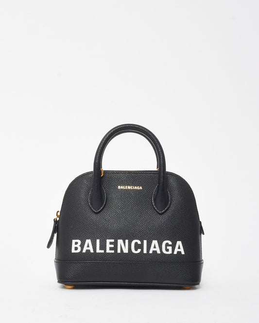 Balenciaga Black Grained Calfskin White Logo XXS Ville Top Handle Bag with Strap