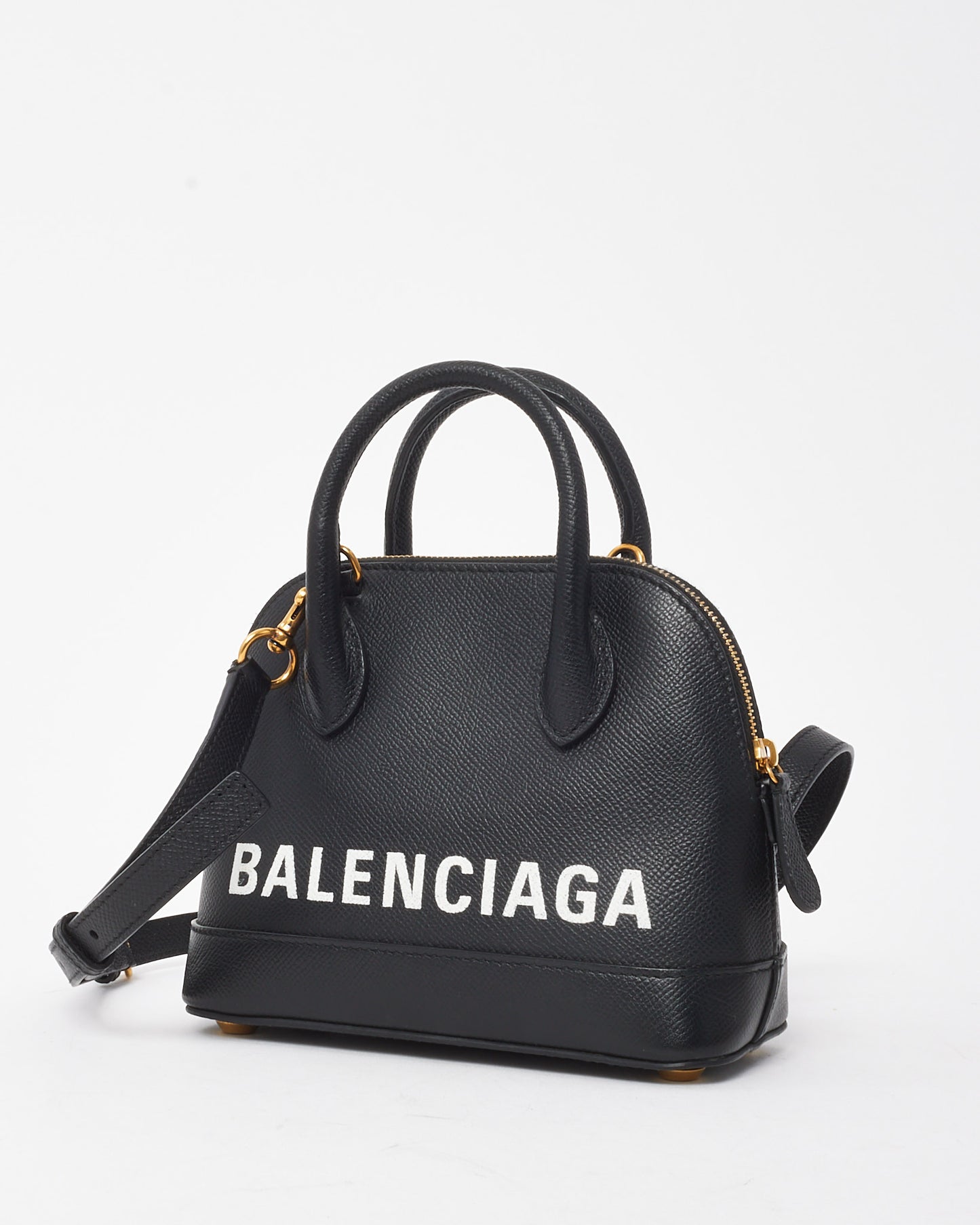 Balenciaga Black Grained Calfskin White Logo XXS Ville Top Handle Bag with Strap