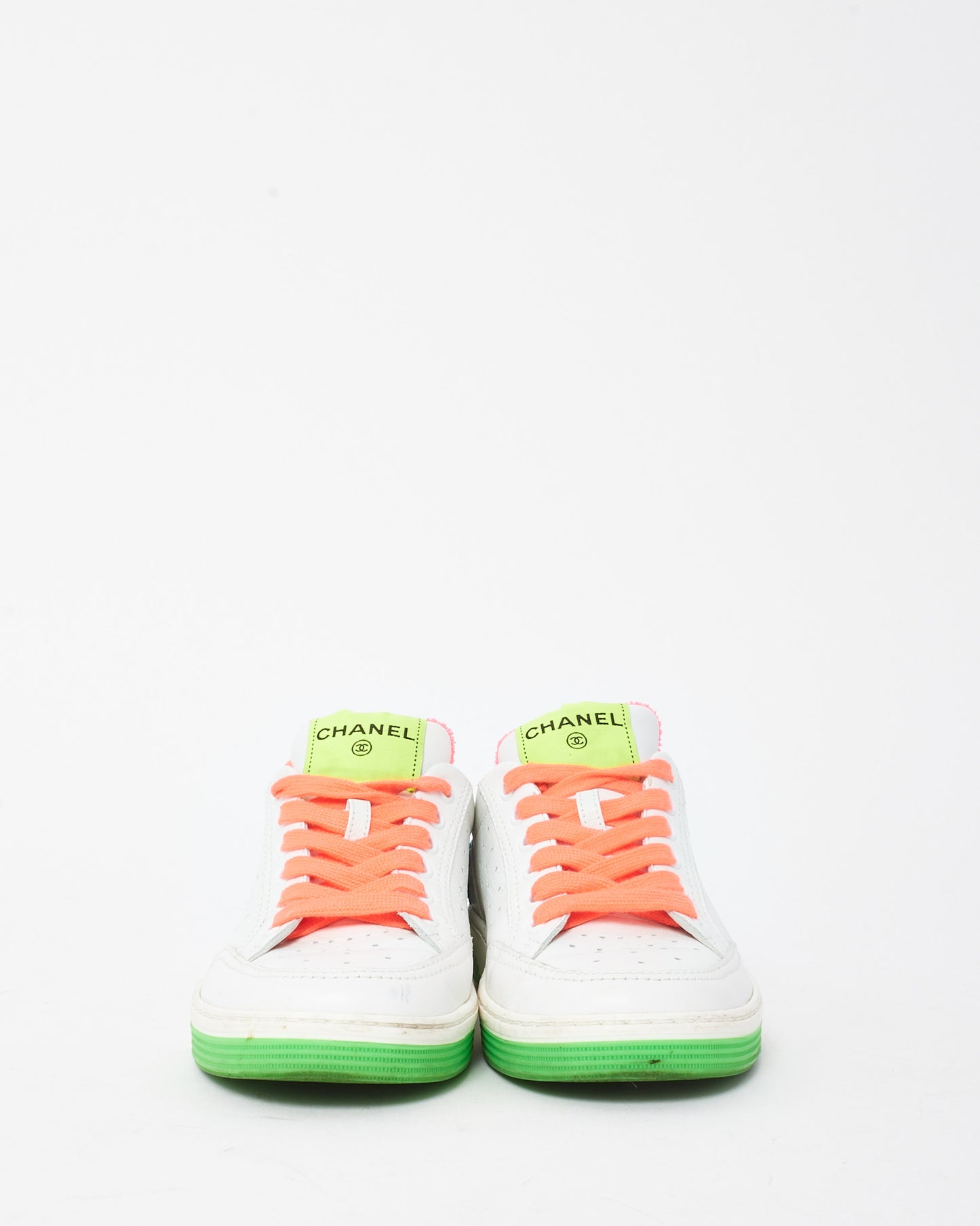 Chanel White and Neon Multi Leather Logo Low-Top Sneakers - 35.5