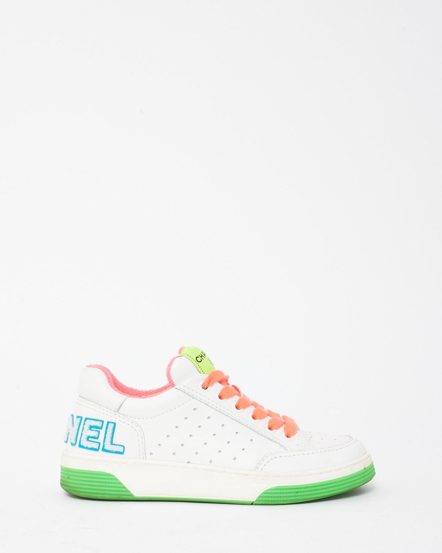 Chanel White and Neon Multi Leather Logo Low-Top Sneakers - 35.5