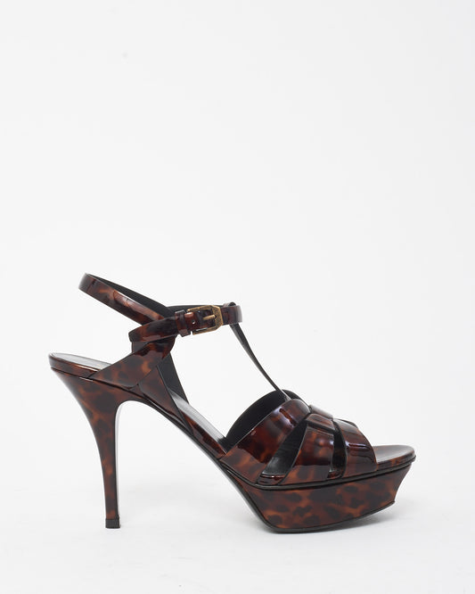 Saint Laurent Brown Tortoise-Print Patent Leather Tribute 105 Platform Sandals - 38.5