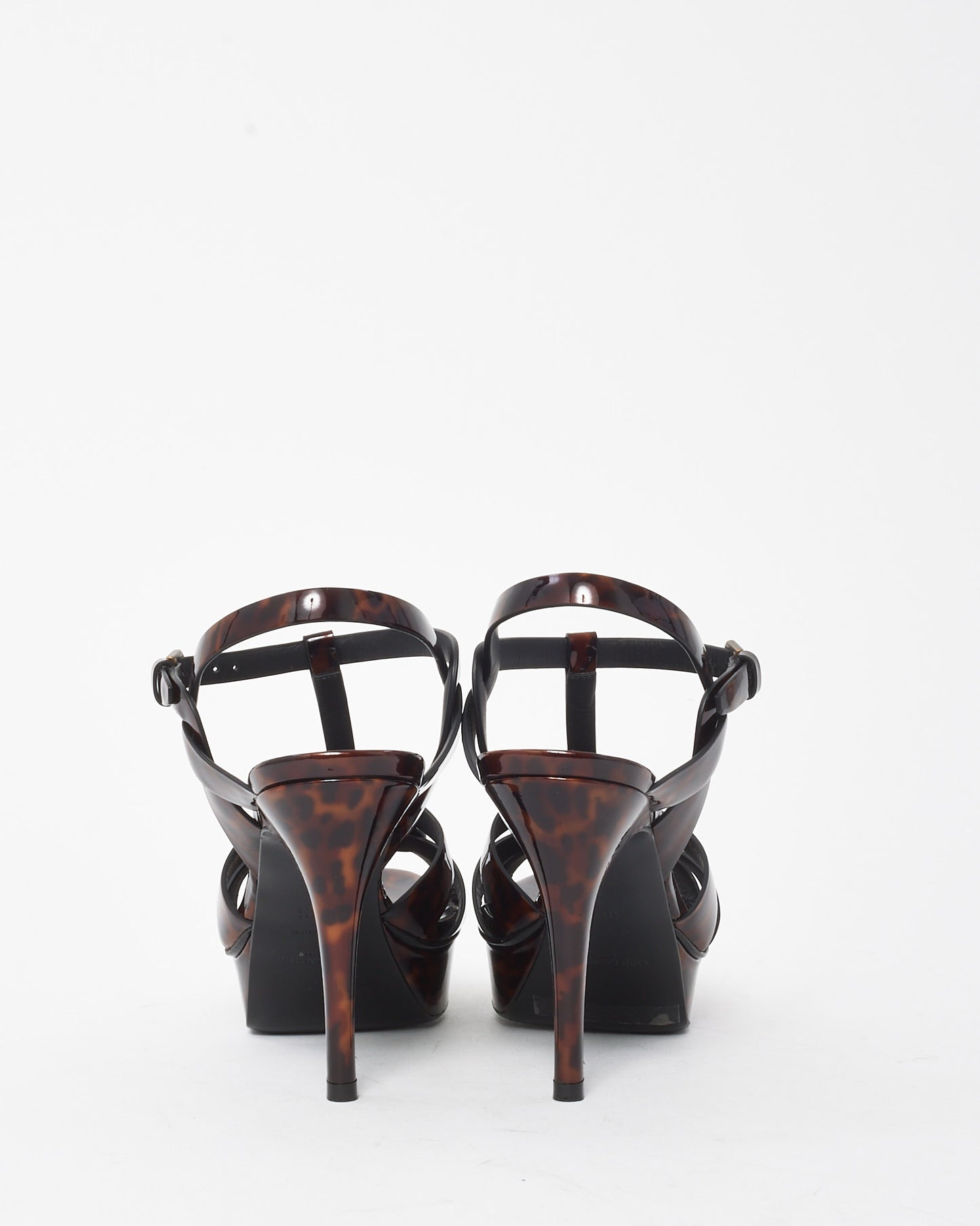 Saint Laurent Brown Tortoise-Print Patent Leather Tribute 105 Platform Sandals - 38.5