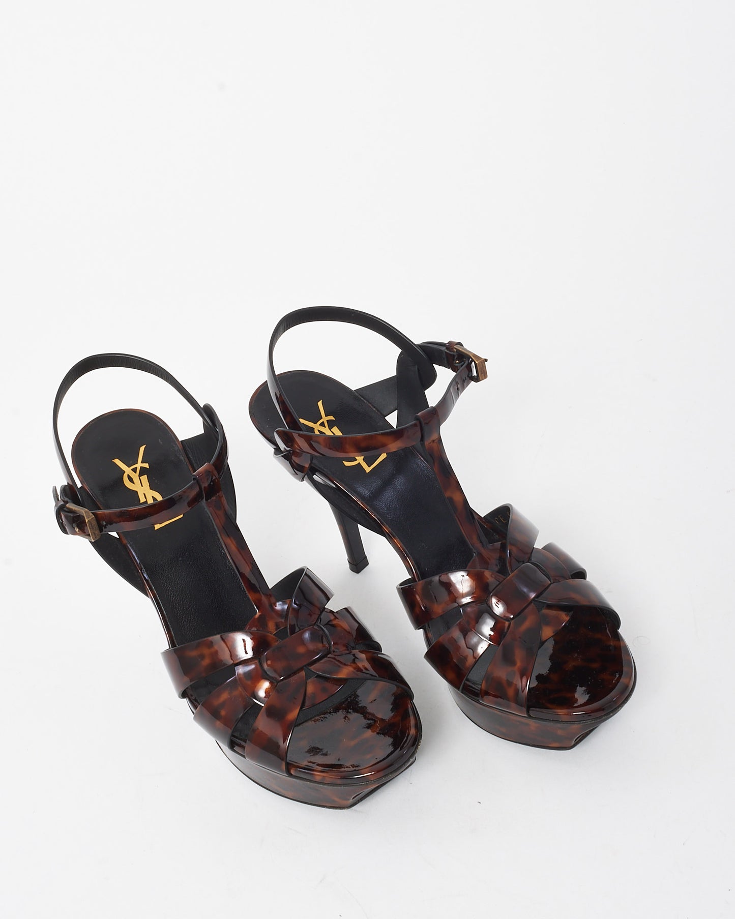 Saint Laurent Brown Tortoise-Print Patent Leather Tribute 105 Platform Sandals - 38.5