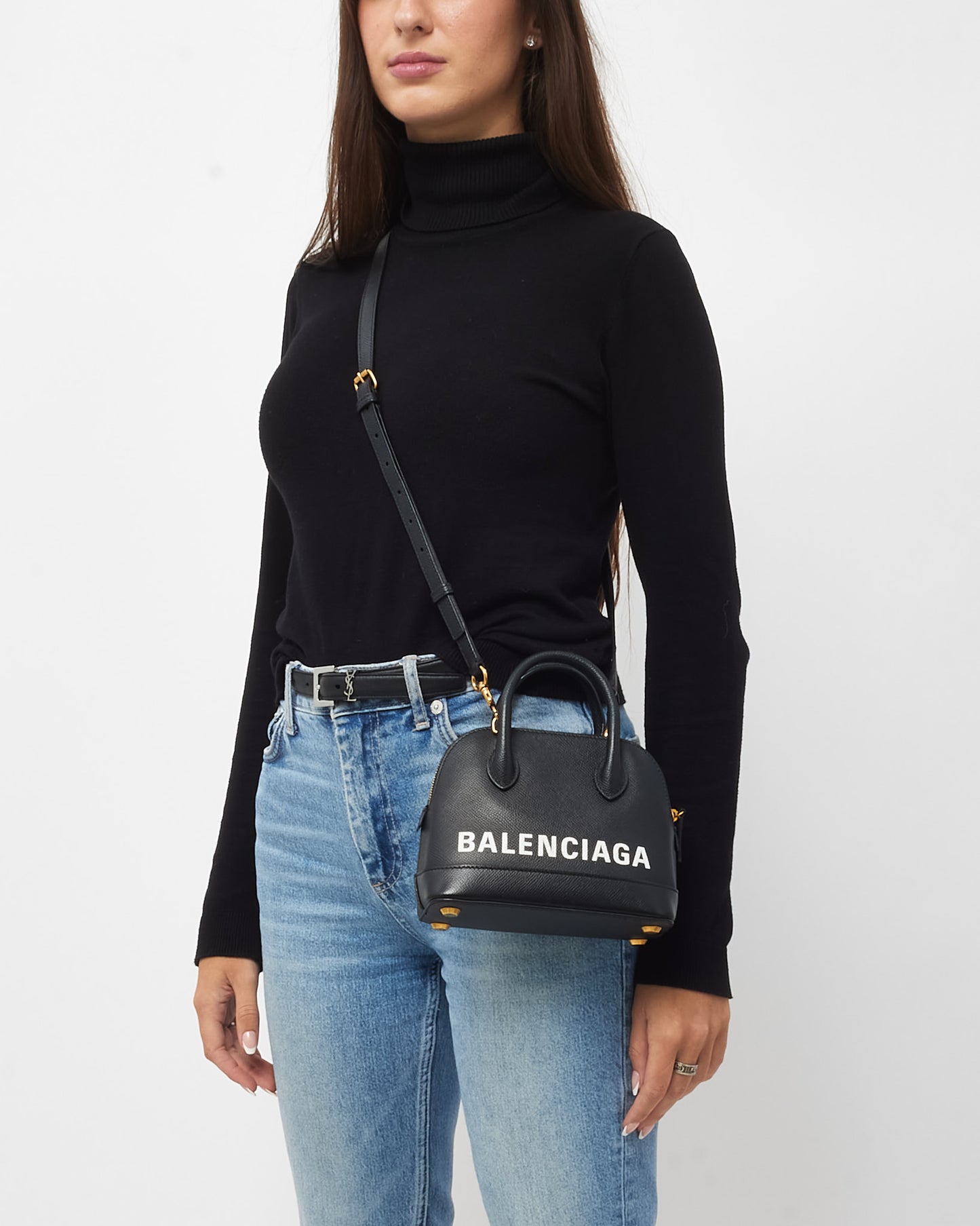 Balenciaga Black Grained Calfskin White Logo XXS Ville Top Handle Bag with Strap