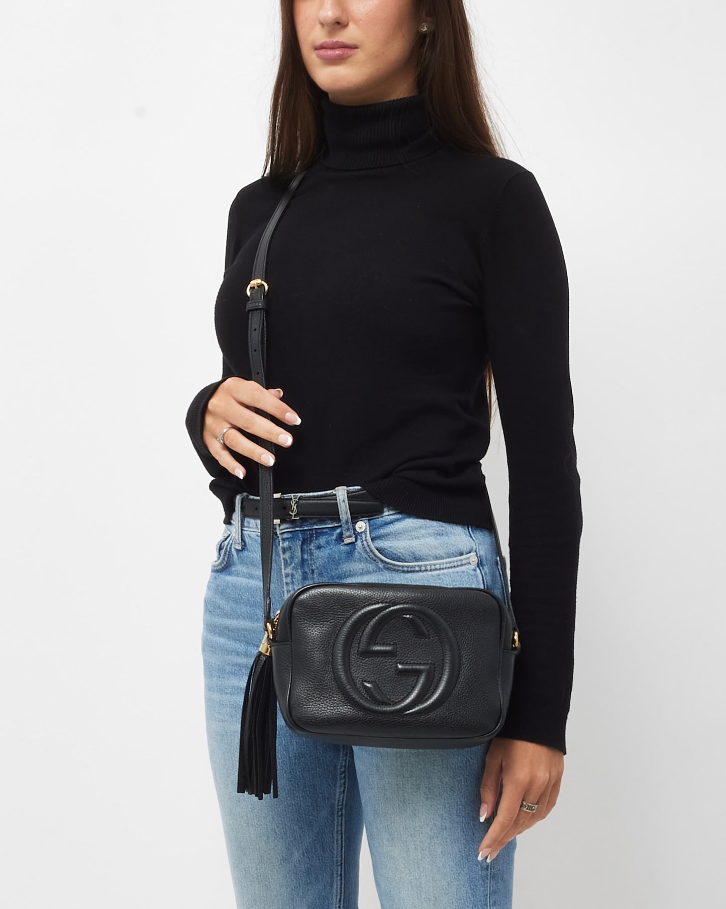 Gucci Black Pebbled Calfskin Leather GG Soho Disco Crossbody Bag