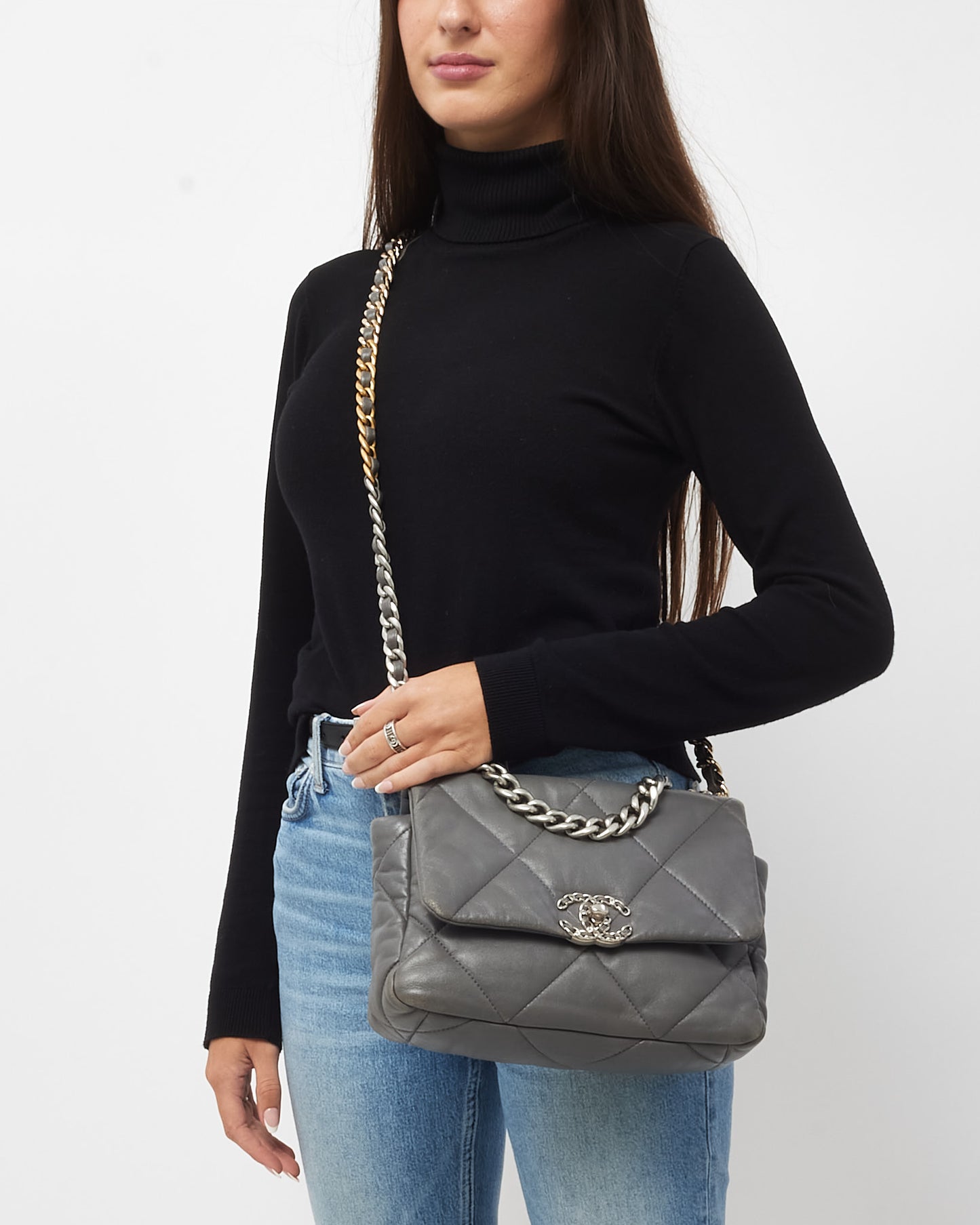 Chanel Grey Quilted Lambskin Leather Small 19 SHW Bag