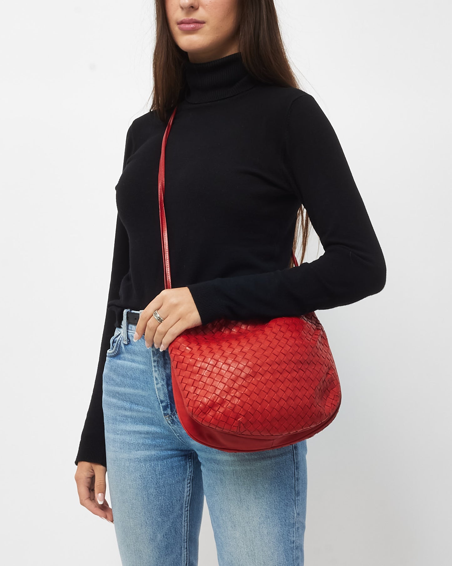 Bottega Veneta Vintage Red Intrecciato Leather Rounded Snap Crossbody Bag
