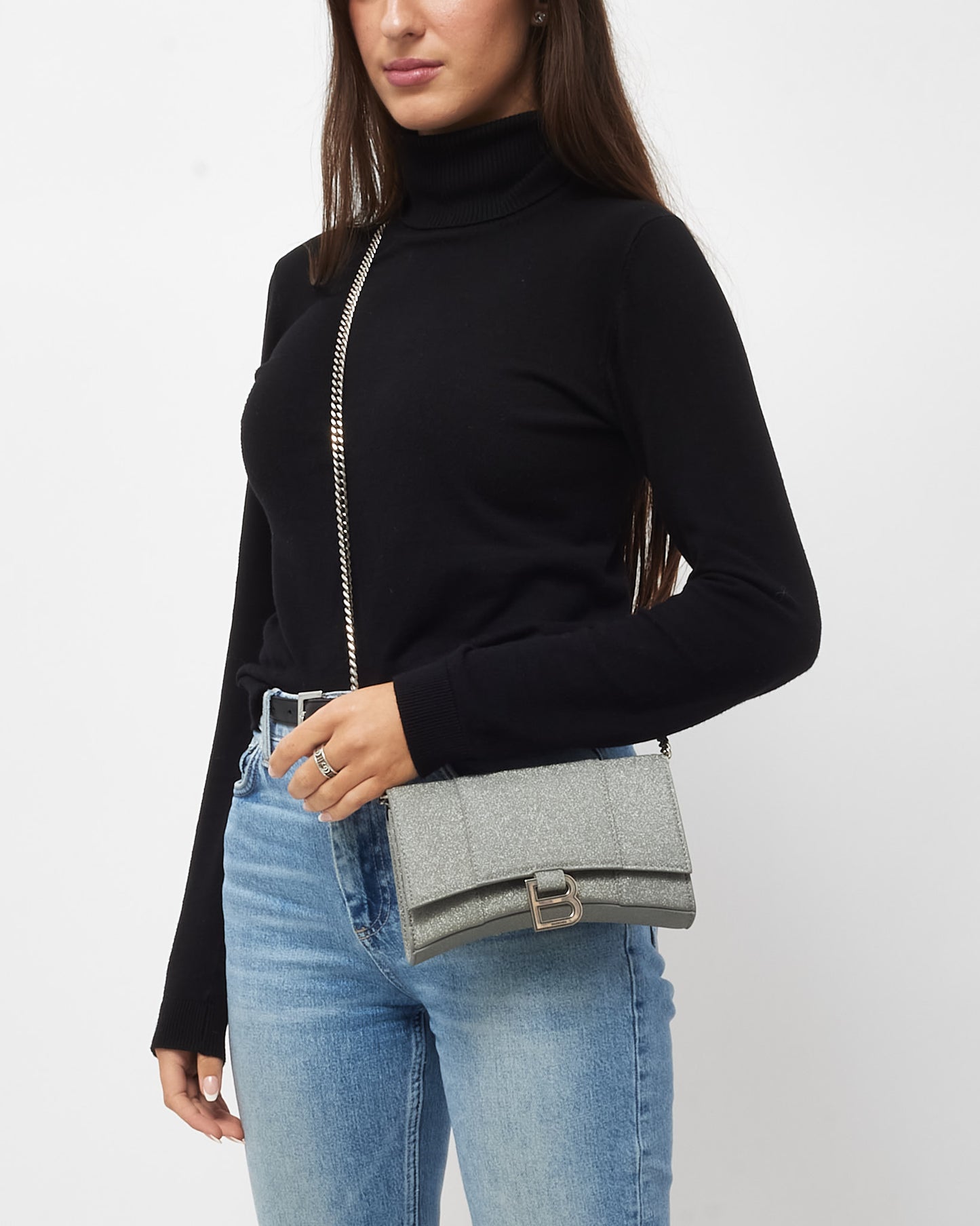 Balenciaga Silver Sparkling Fabric Hourglass Wallet on Chain Bag