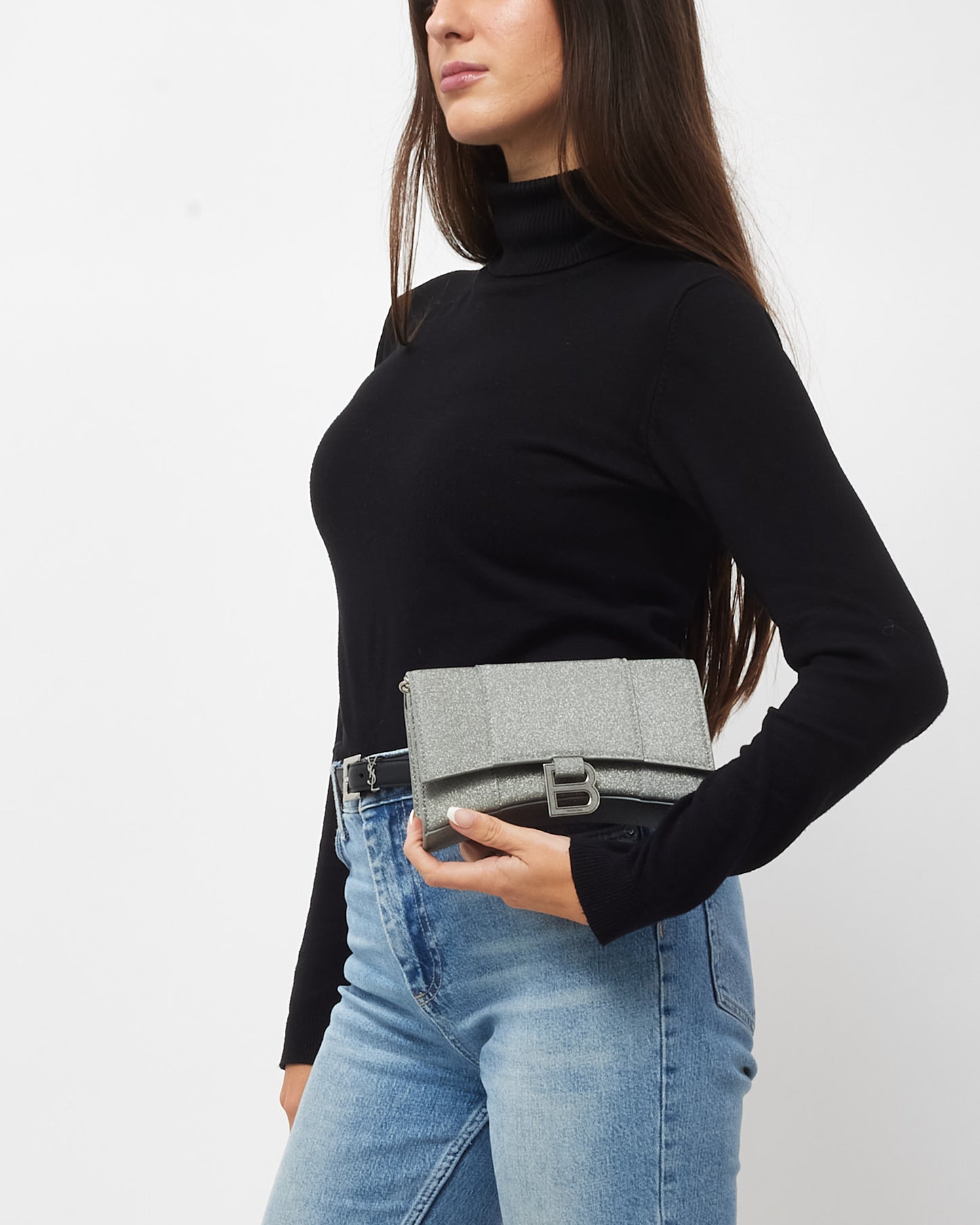 Balenciaga Silver Sparkling Fabric Hourglass Wallet on Chain Bag