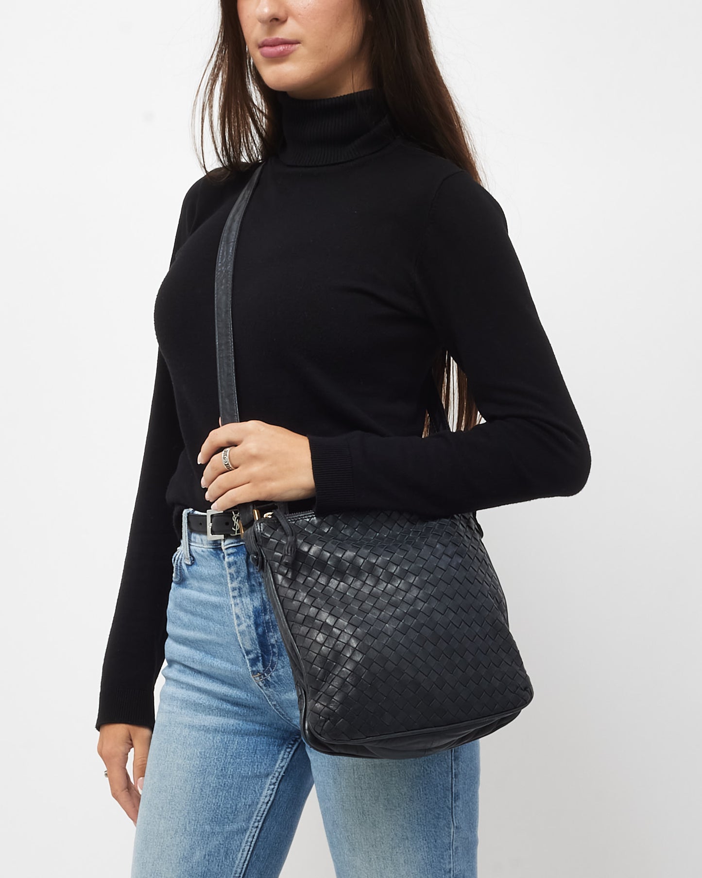 Bottega Veneta Vintage Navy Intrecciato Leather Square Zip Crossbody Bag