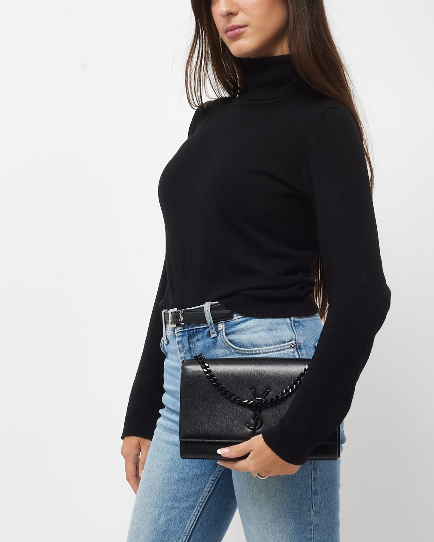 Saint Laurent Black Grain De Poudre Medium Tonal YSL Kate Shoulder Bag