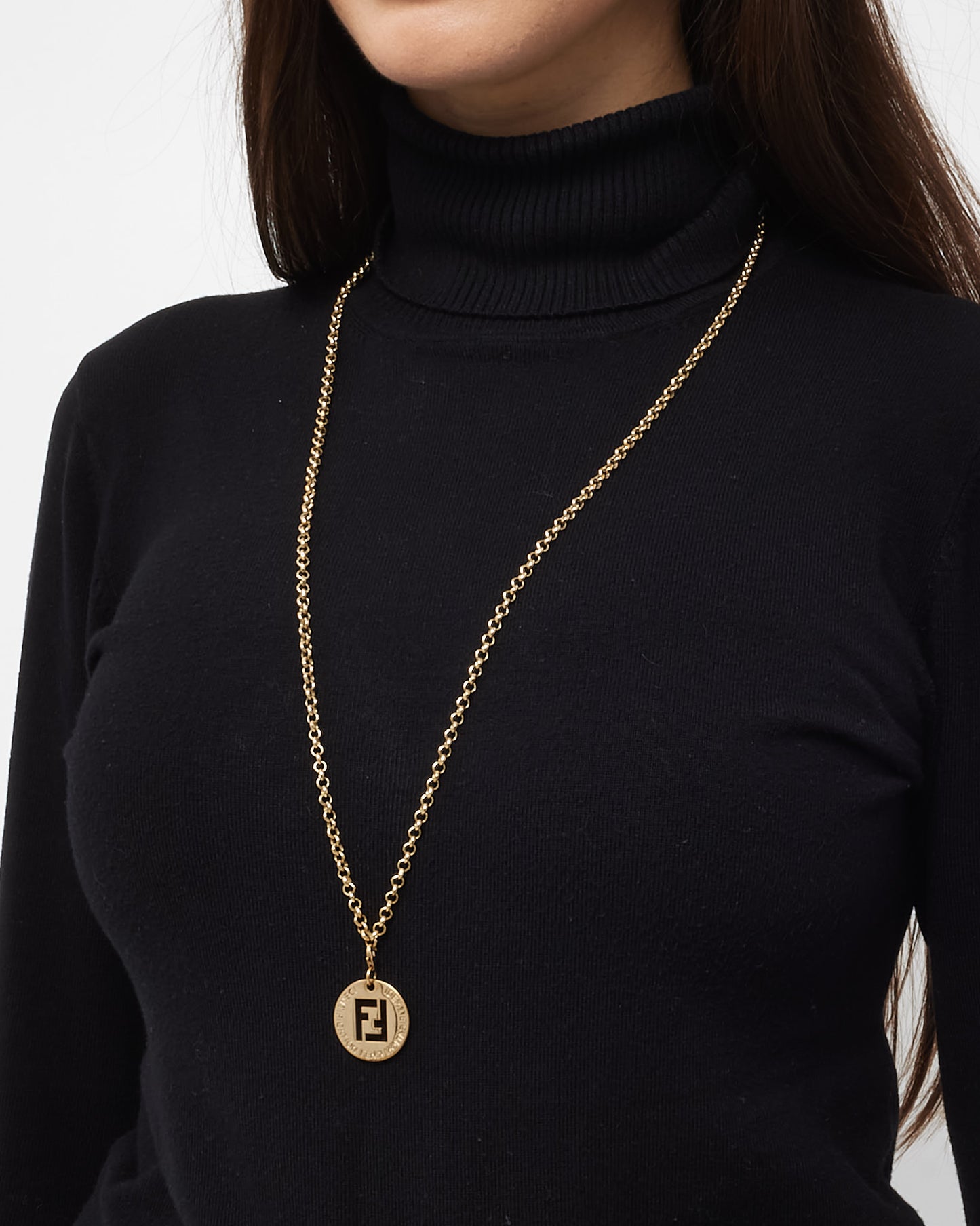 Fendi Vintage Gold Tone Metal FF Identification Pendant Necklace