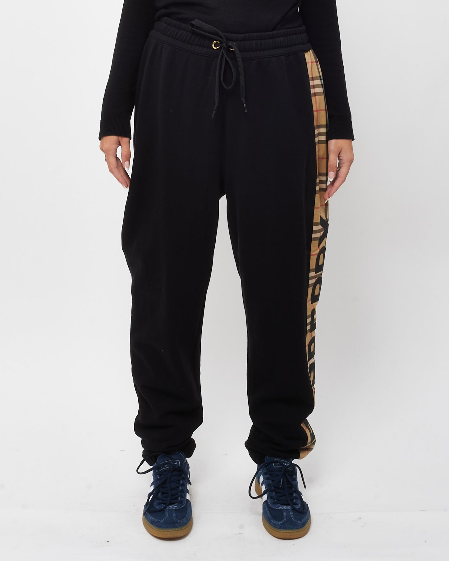 Burberry Black Cotton Beige Vintage Check Logo Joggers Sweatpants - L