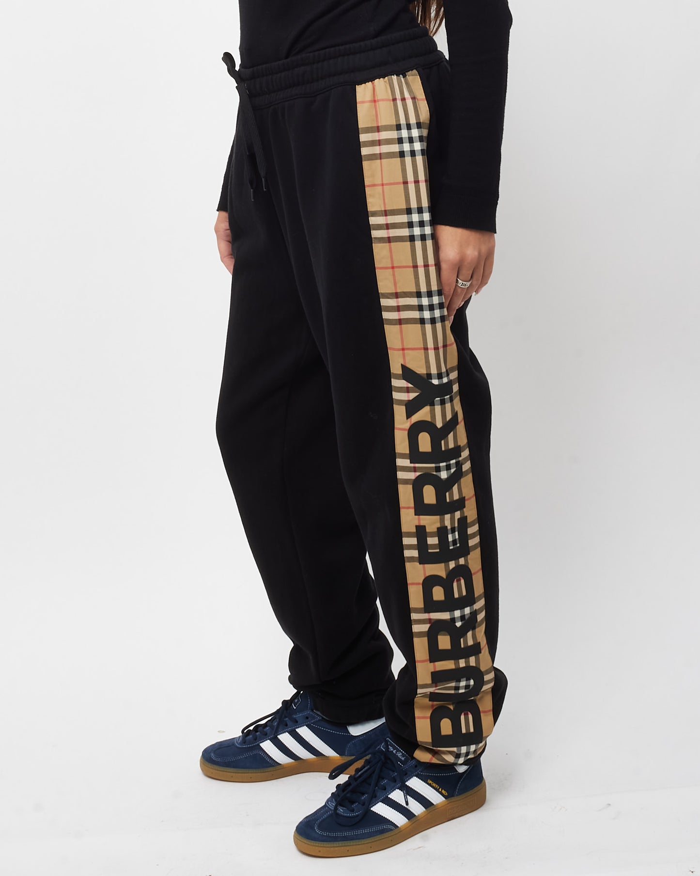Burberry Black Cotton Beige Vintage Check Logo Joggers Sweatpants - L