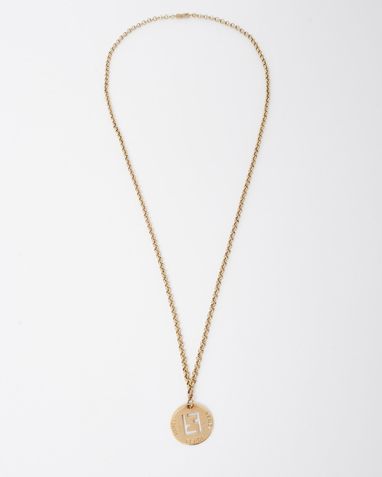 Fendi Vintage Gold Tone Metal FF Identification Pendant Necklace