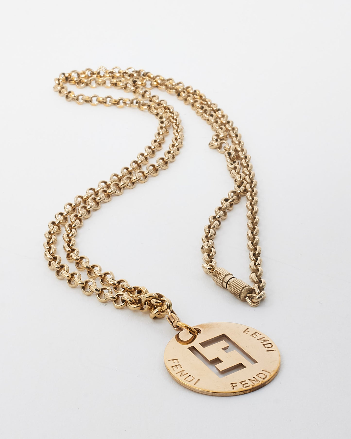 Fendi Vintage Gold Tone Metal FF Identification Pendant Necklace