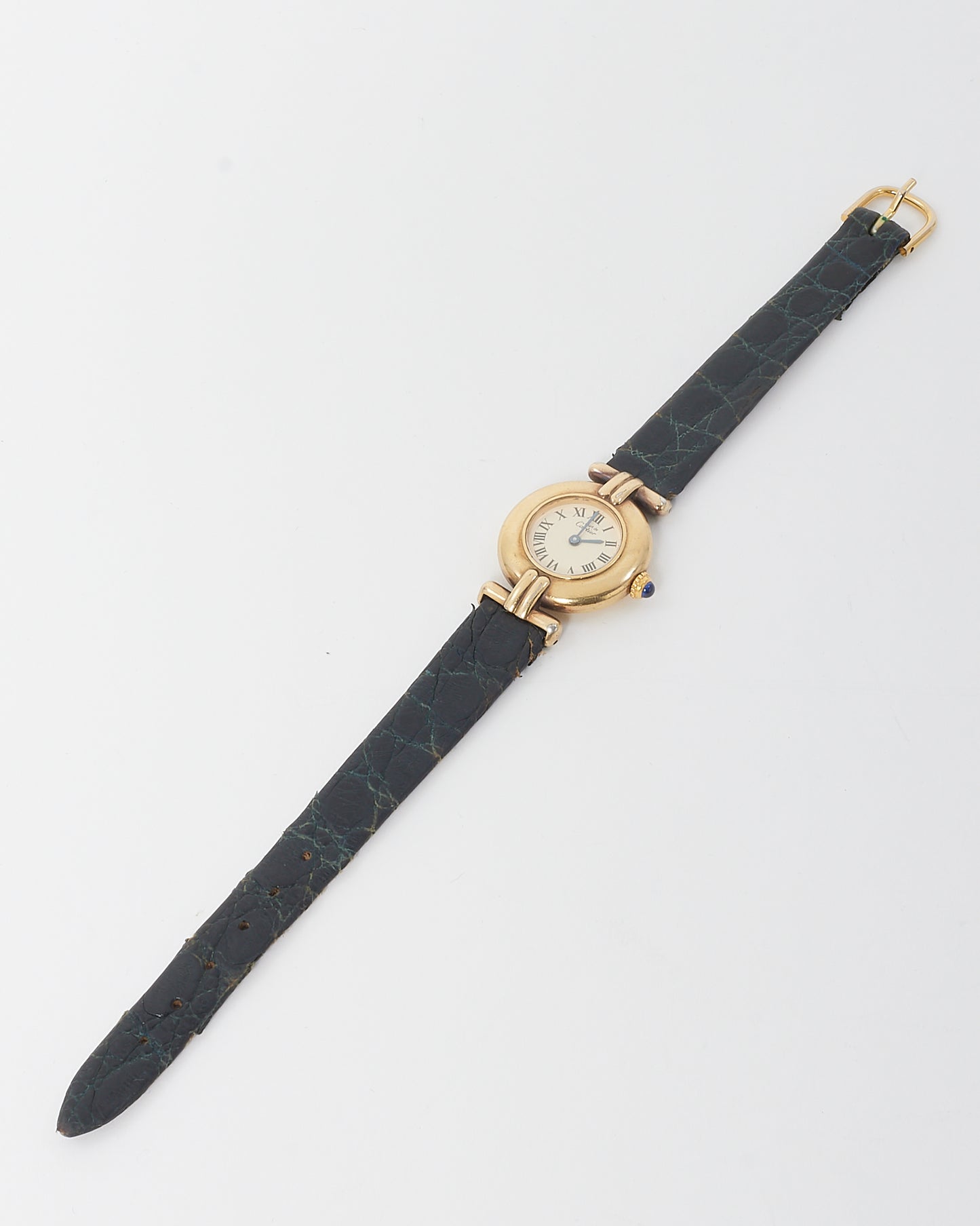 Cartier Vintage Must Gold Vermeil Black Croc Embossed Leather Colisée Watch