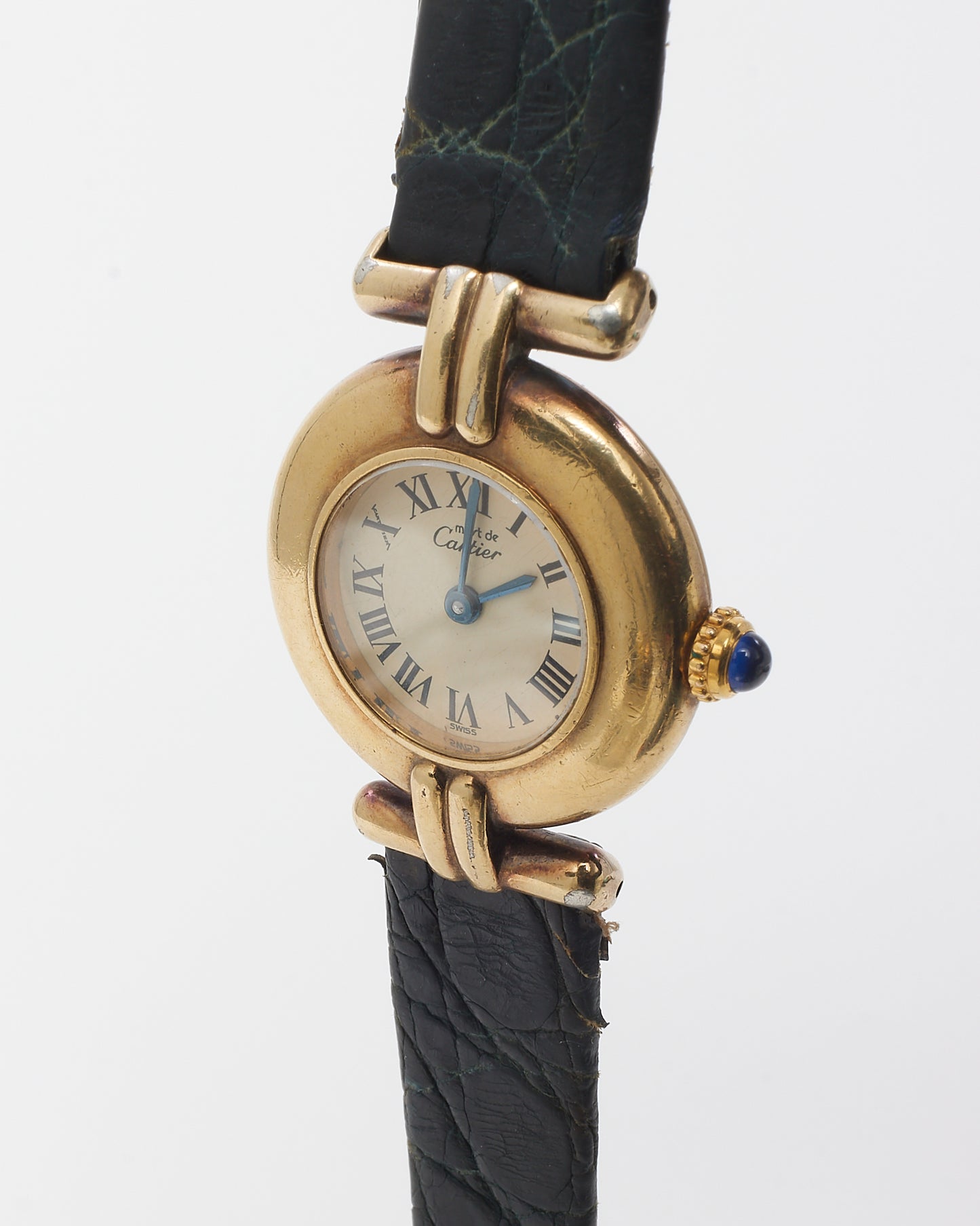 Cartier Vintage Must Gold Vermeil Black Croc Embossed Leather Colisée Watch