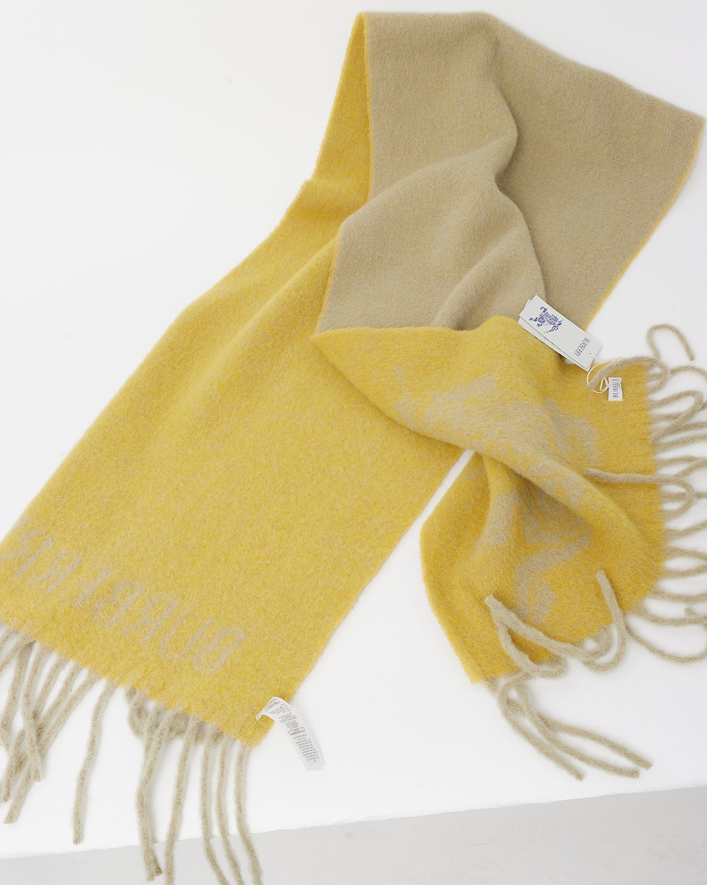 Burberry Sage Green and Mustard Yellow Knight EKD Logo Alpaca Wool Reversible Scarf