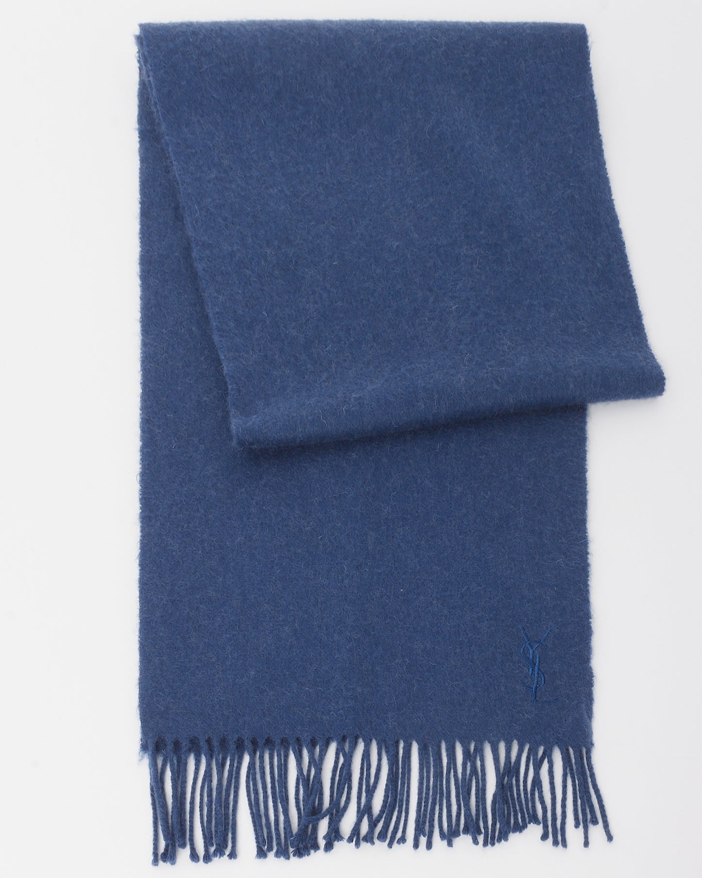 Saint Laurent Blue Cashmere Jacquard Logo Fringe Signature Scarf