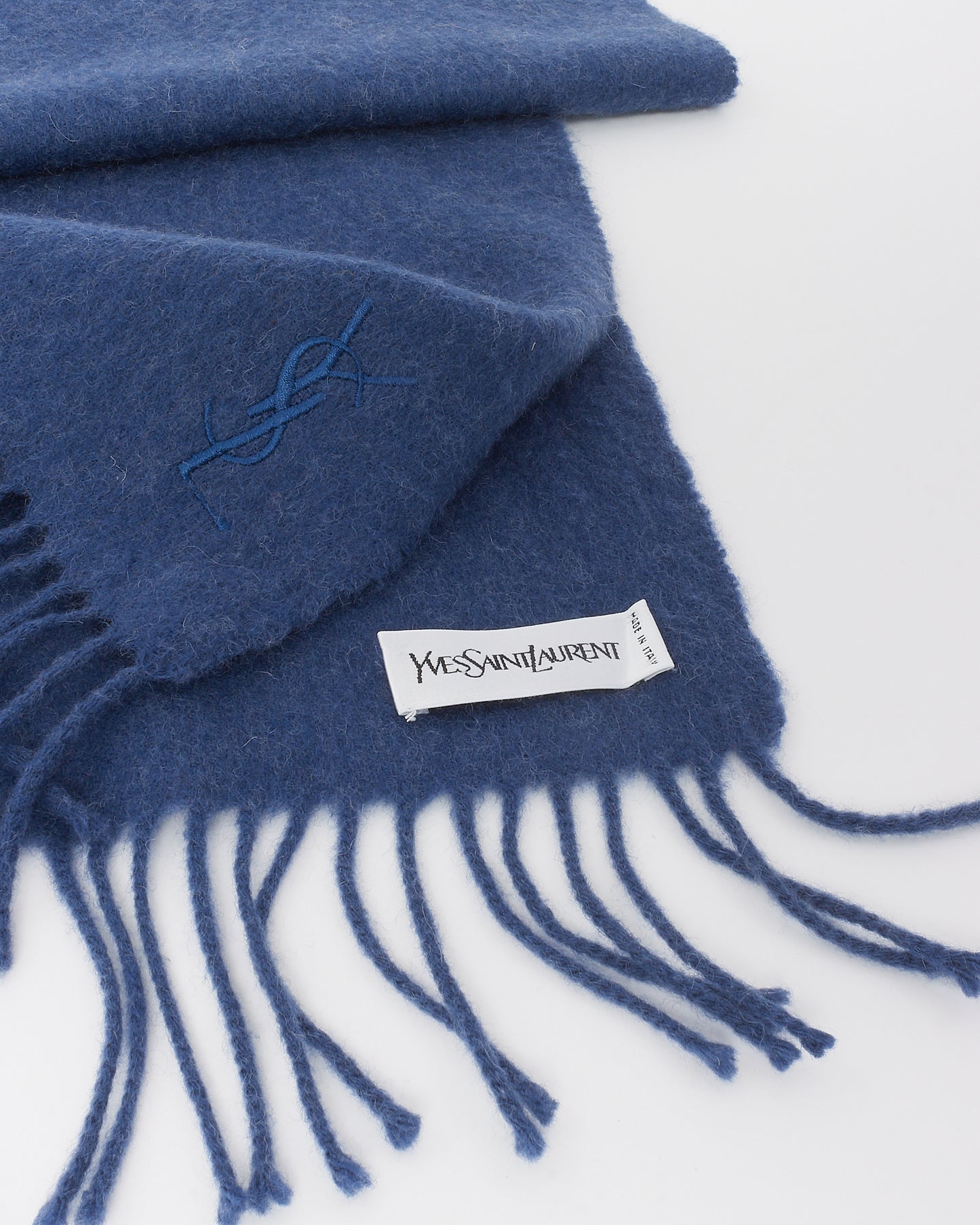 Saint Laurent Blue Cashmere Jacquard Logo Fringe Signature Scarf