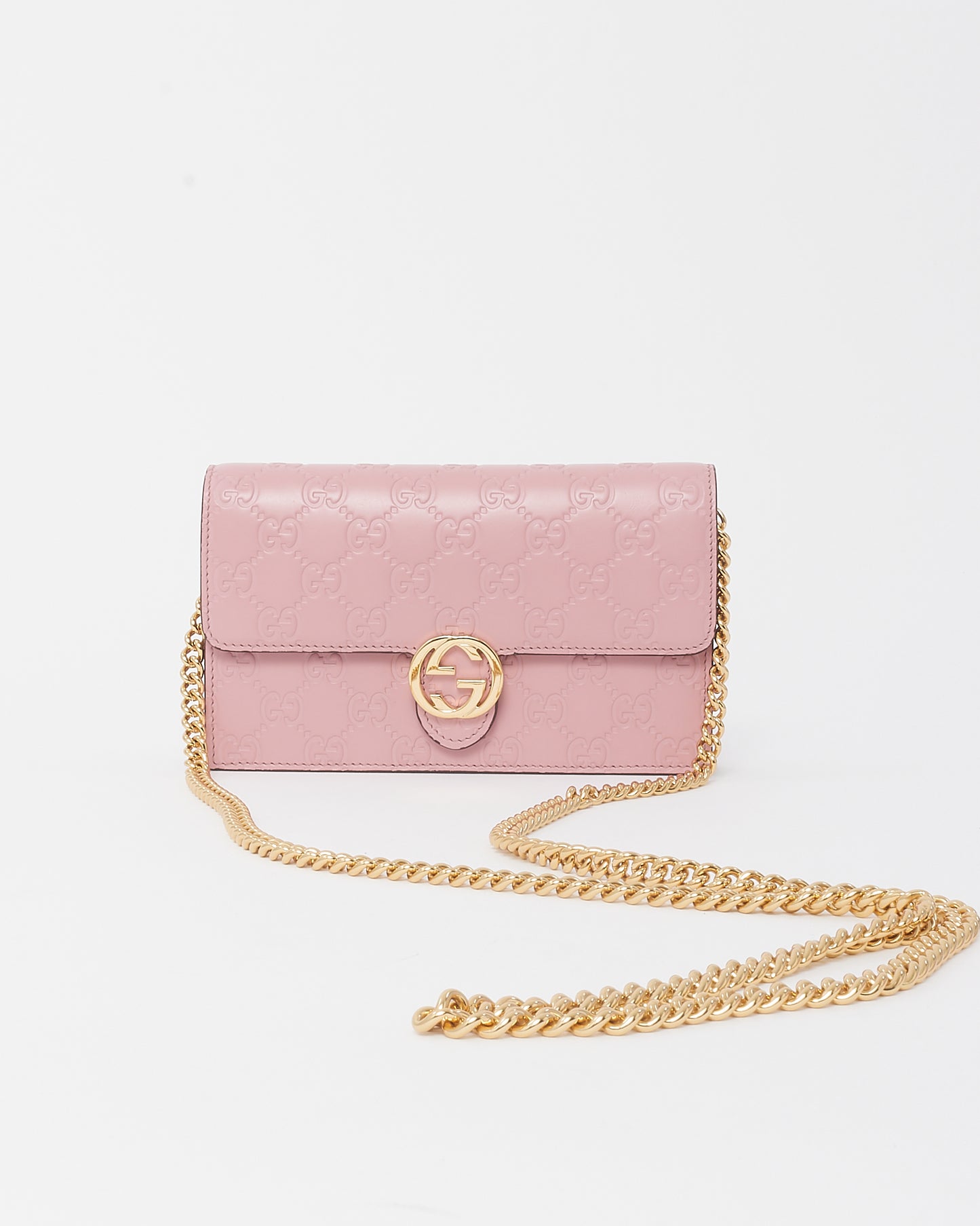 Gucci Pink Guccissima Leather Interlocking G Wallet on Chain WOC Crossbody Bag