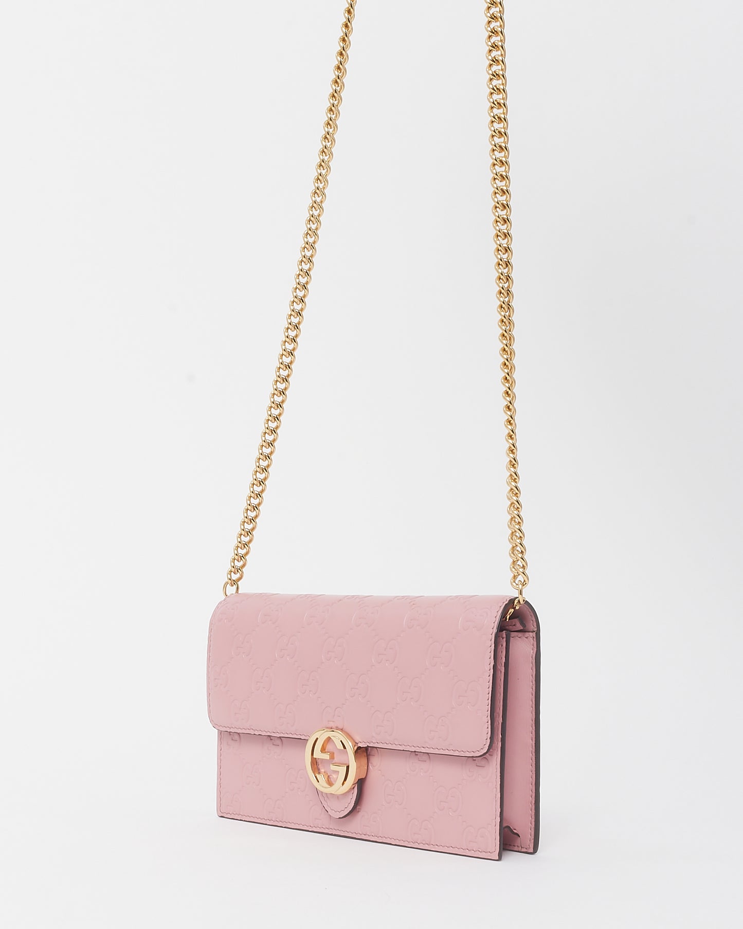 Gucci Pink Guccissima Leather Interlocking G Wallet on Chain WOC Crossbody Bag