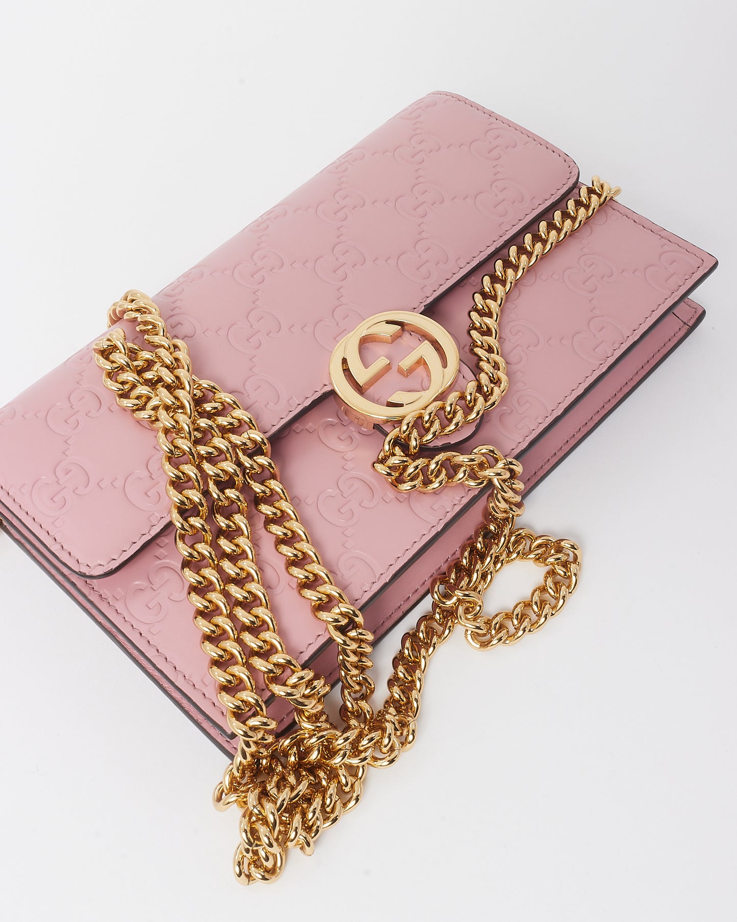 Gucci Pink Guccissima Leather Interlocking G Wallet on Chain WOC Crossbody Bag