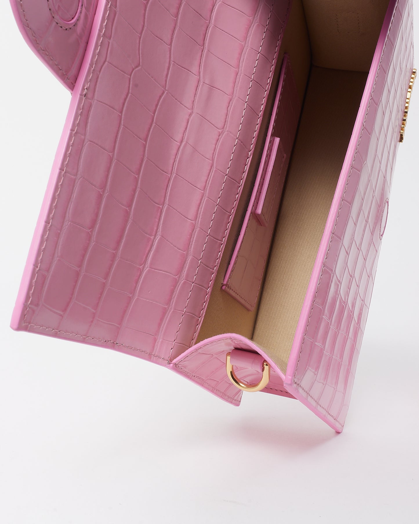 Jacquemus Pink Croc Embossed Leather Le Grand Bambino Bag with Strap