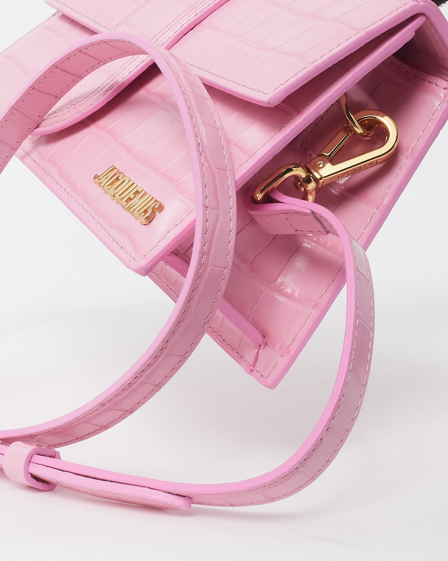 Jacquemus Pink Croc Embossed Leather Le Grand Bambino Bag with Strap