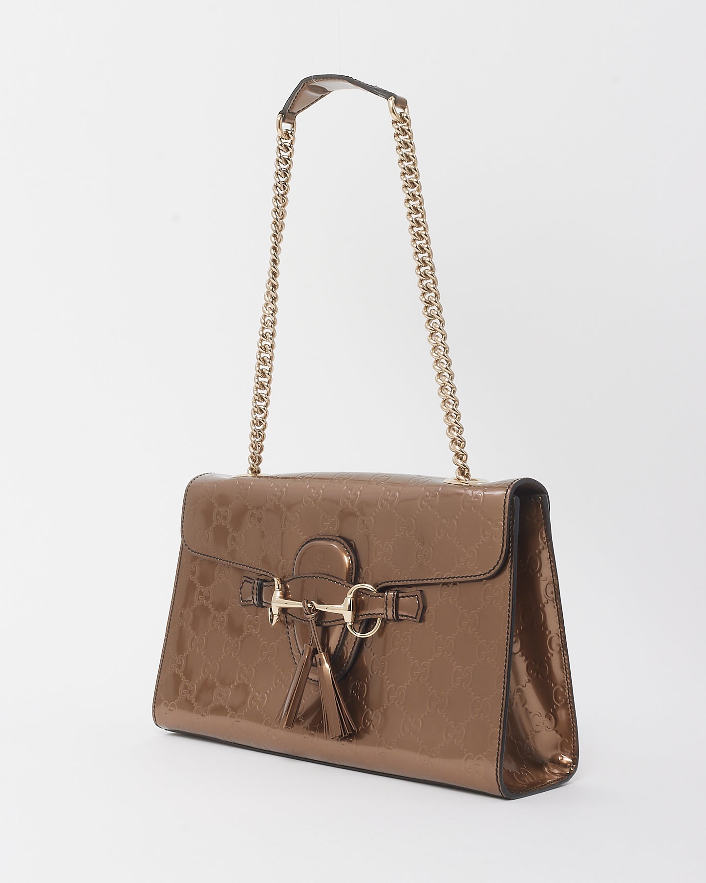 Gucci Iridescent Brown Monogram Signature GG Patent Leather Medium Emily Shoulder Bag