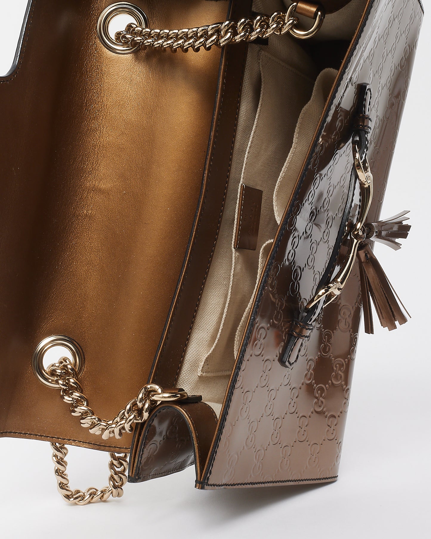 Gucci Iridescent Brown Monogram Signature GG Patent Leather Medium Emily Shoulder Bag