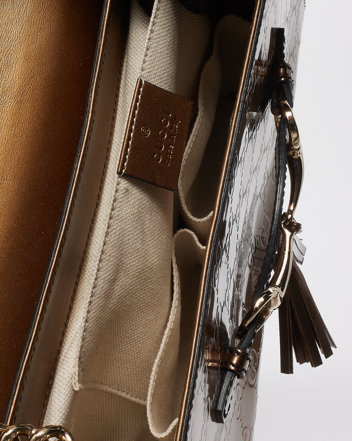 Gucci Iridescent Brown Monogram Signature GG Patent Leather Medium Emily Shoulder Bag